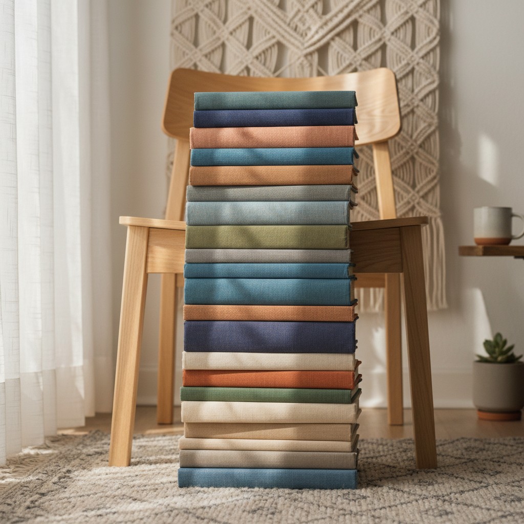 Different colored books stacked on top of each other next to a wooden chair.